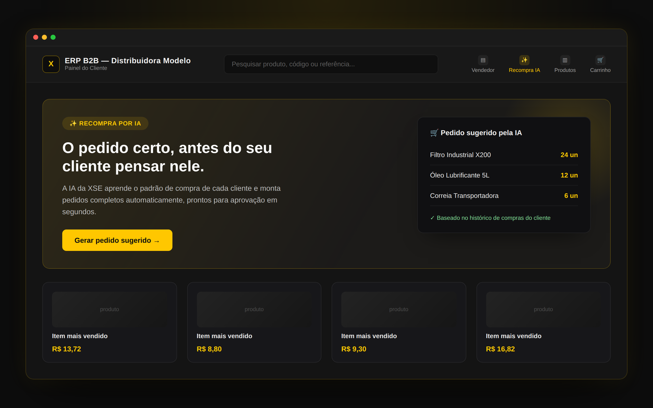 Tela ilustrativa da Recompra por IA sugerindo um pedido automático para o cliente