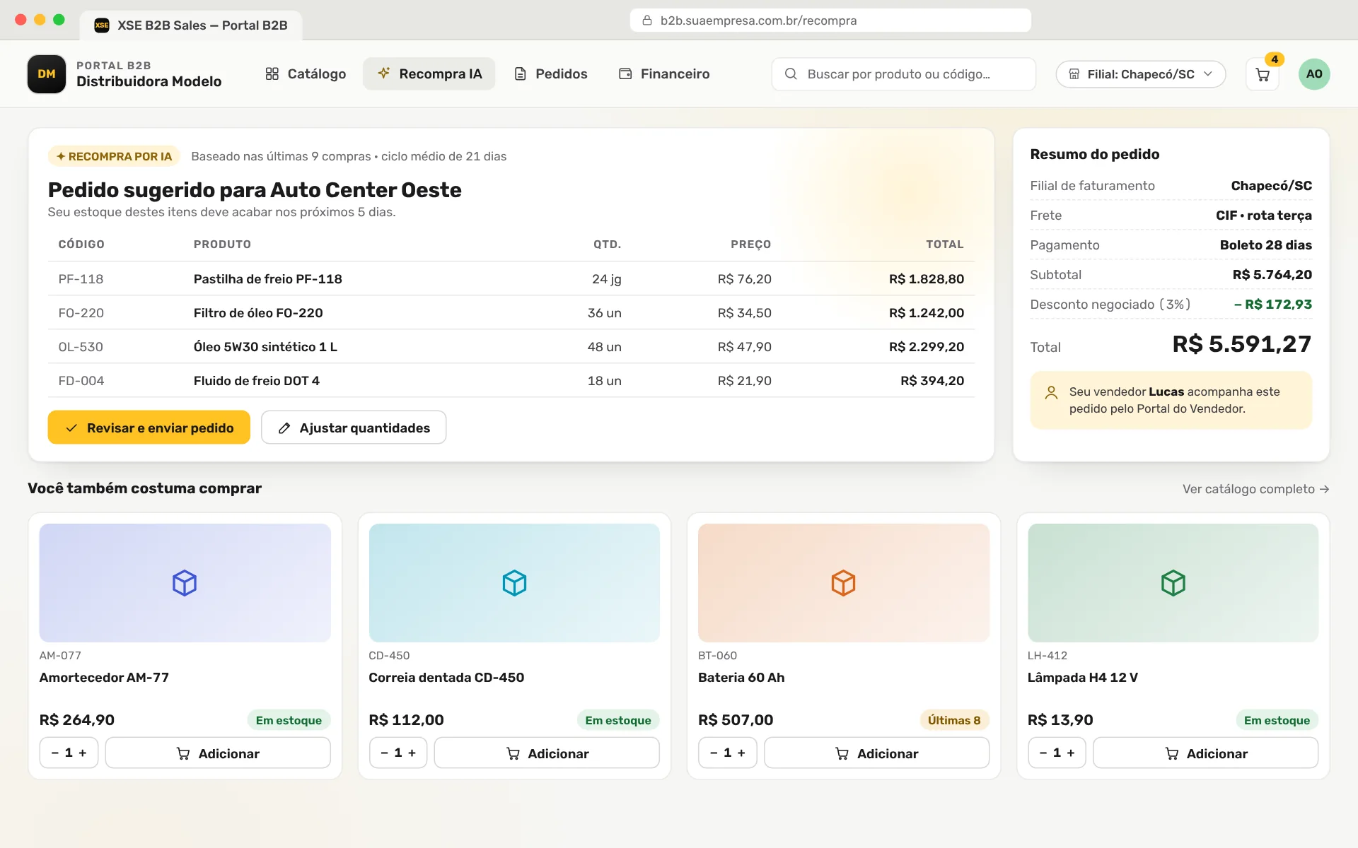 Tela ilustrativa do XSE B2B Sales com pedido de recompra sugerido por IA